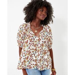 Cleobella Floral Ruffled Neck Tassel Iris Blouse in Enya XS